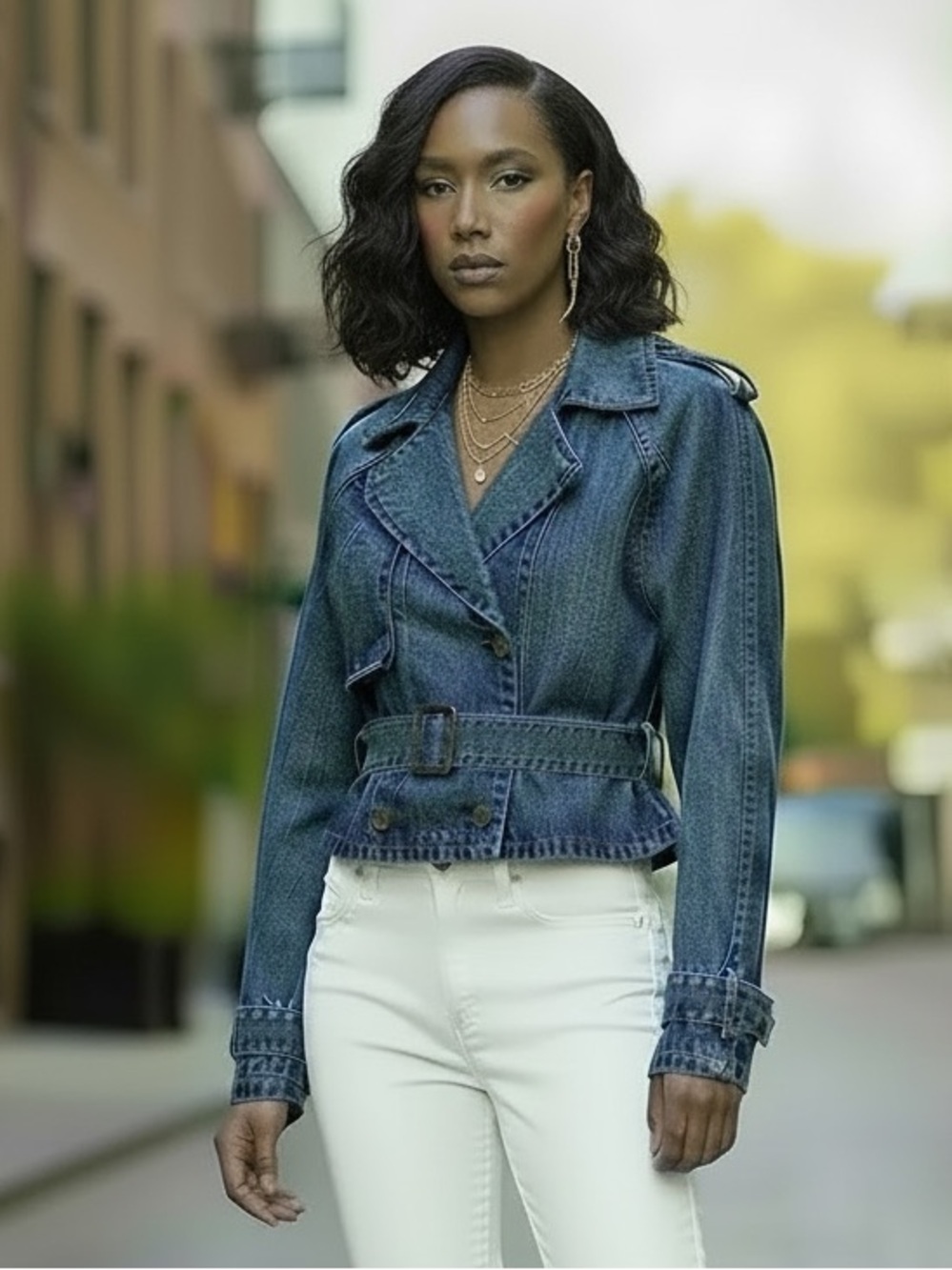Cropped Denim Trench Coat / Jacket, Transitional Outerwear, Sz S.M,L‎ by Veveret